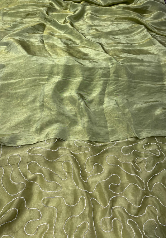 PISTA GREEN COLOUR TISSUE GEORGETTE SAREE WITH PEARL EMBROIDERED UNSTITCHED BLOUSE BY SIDDHAIKA - Kothari Sons