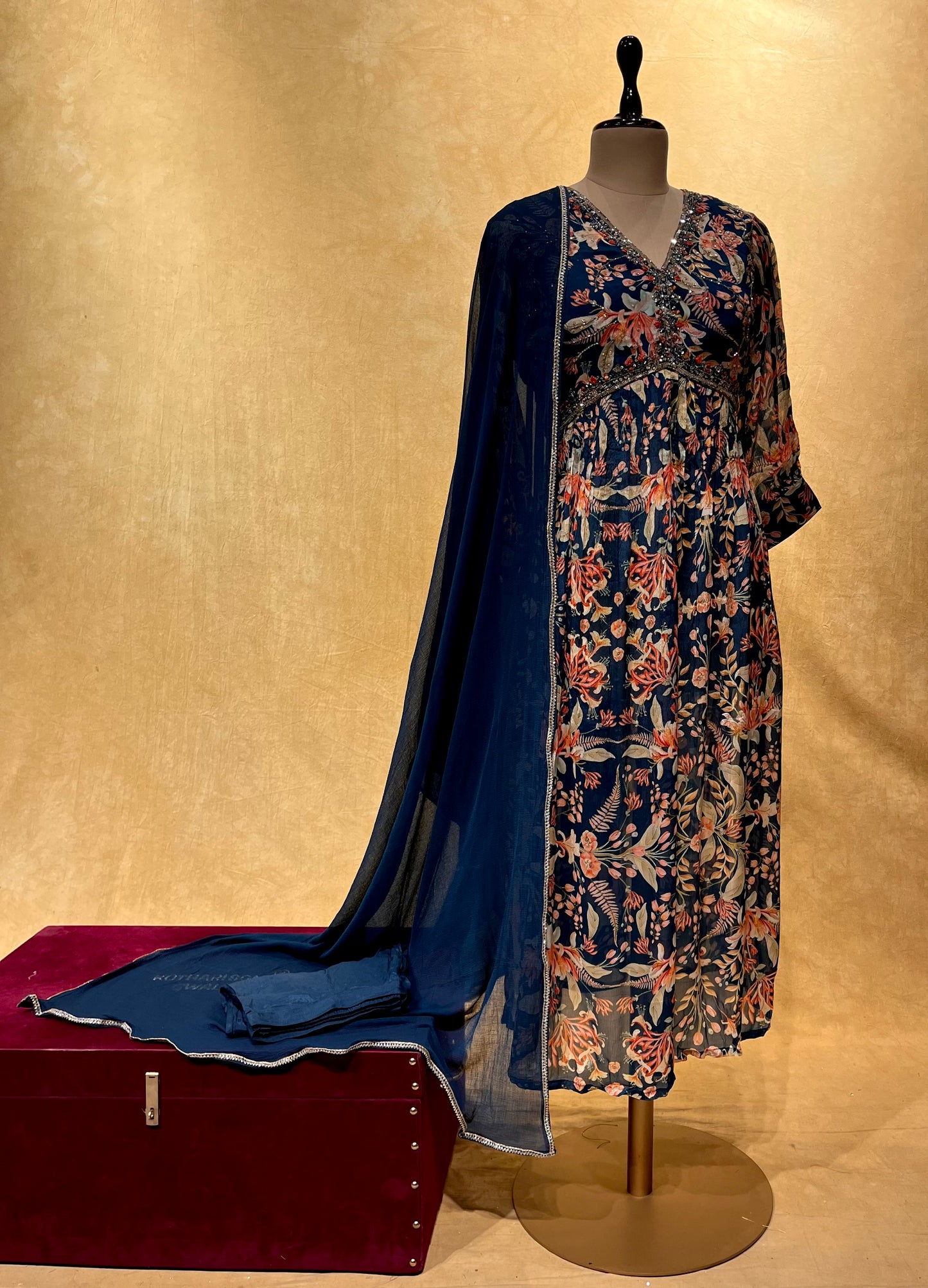 TEAL BLUE COLOUR CHIFFON NAIRA CUT SUIT EMBELLISHED WITH CUTDANA WORK