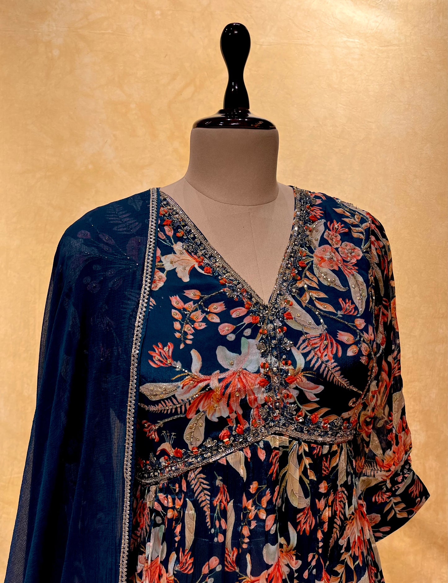 TEAL BLUE COLOUR CHIFFON NAIRA CUT SUIT EMBELLISHED WITH CUTDANA WORK