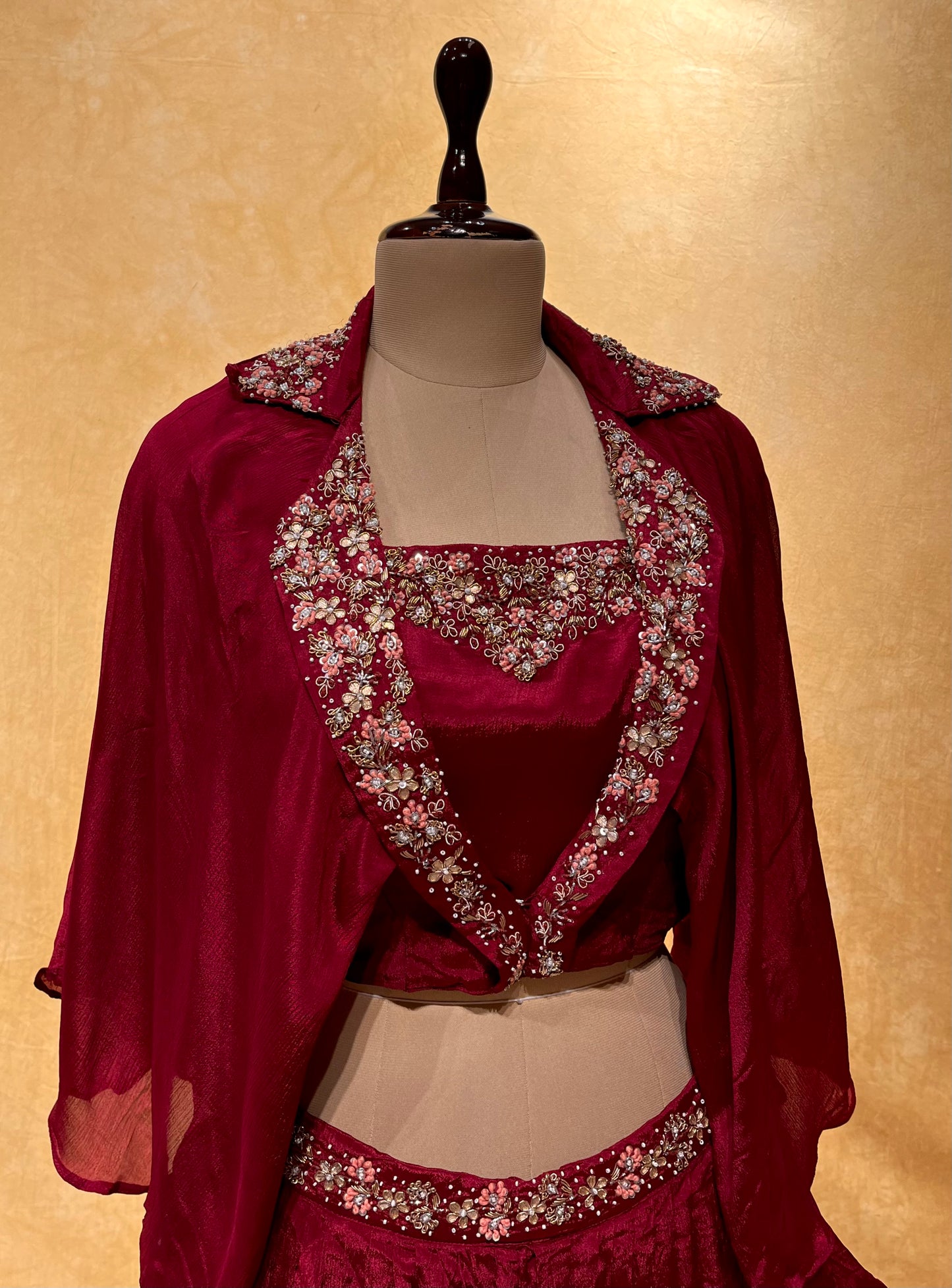 MAROON COLOUR DHOTI STYLE PANT WITH CROP TOP BLOUSE EMBELLISHED WITH ZARDOZI WORK