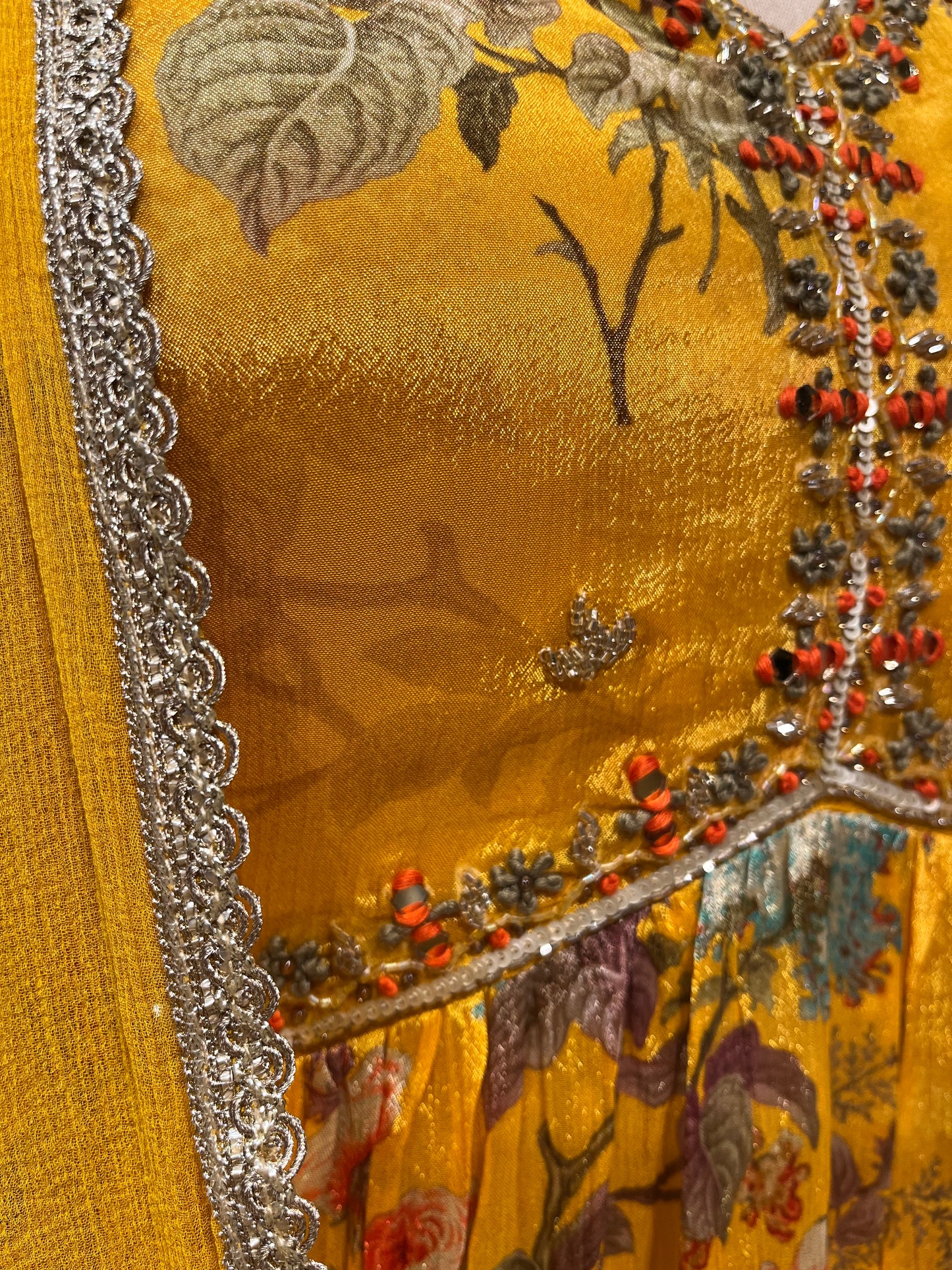 MUSTARD COLOR CHINON PRINTED NAIRA CUT SUIT FOR LADIES EMBELLISHED WITH CUTDANA WORK