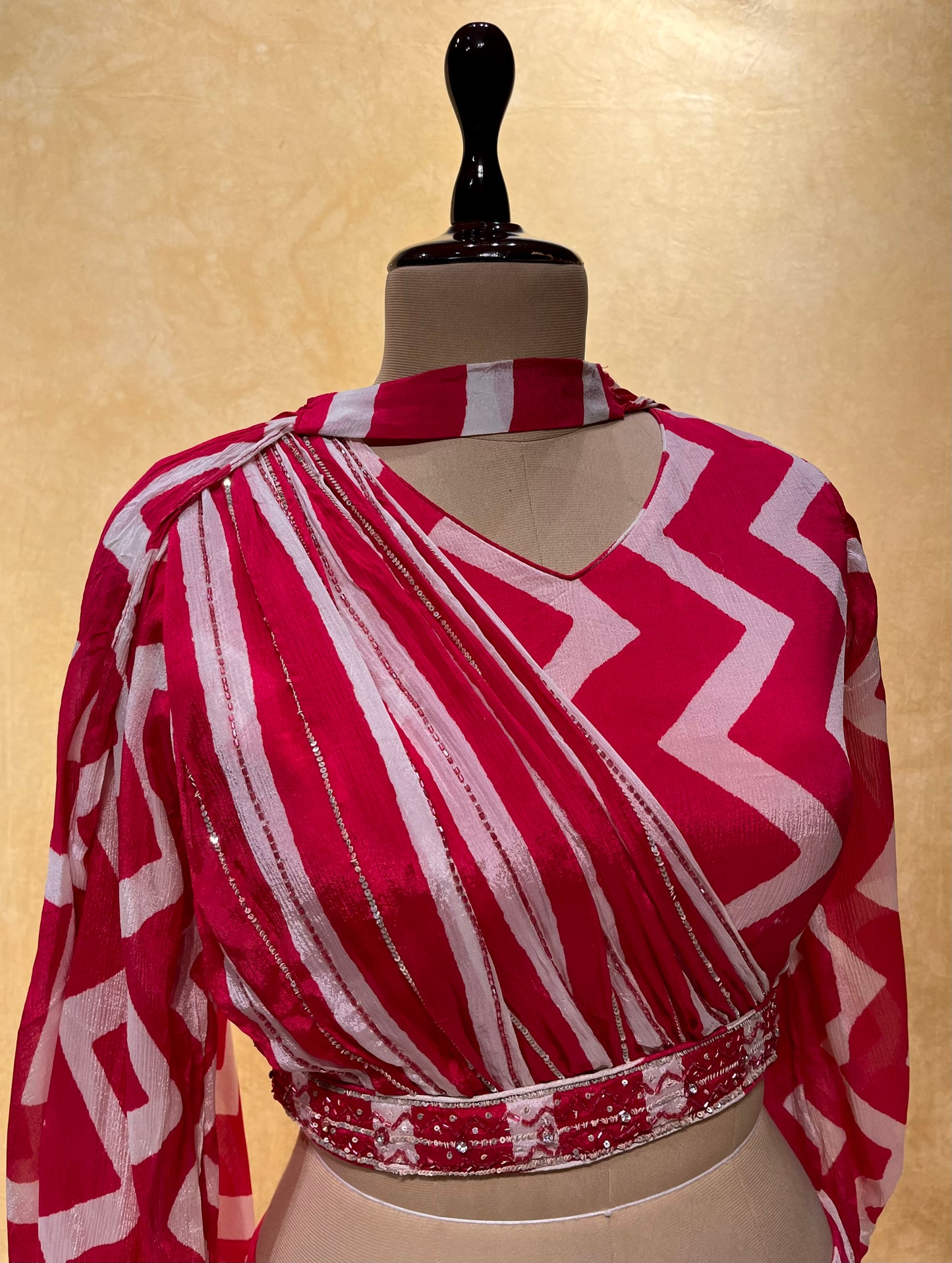 WHITE & PINK COLOUR ZIG ZAG STRIPE CHINON SKIRT DRESS AND CROP TOP BLOUSE EMBROIDERED WITH CUTDANA WORK