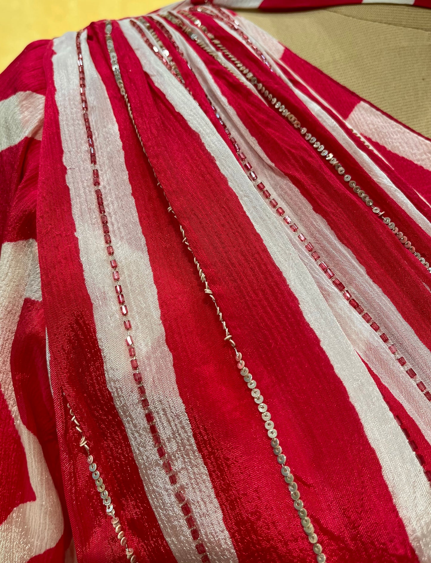 WHITE & PINK COLOUR ZIG ZAG STRIPE CHINON SKIRT DRESS AND CROP TOP BLOUSE EMBROIDERED WITH CUTDANA WORK
