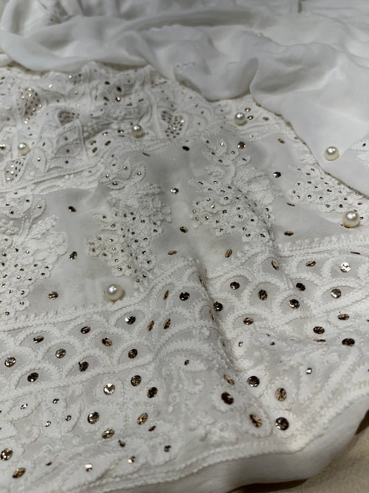 DYEABLE WHITE COLOUR GEORGETTE CHIKANKARI UNSTITCHED SUIT WITHOUT BOTTOM