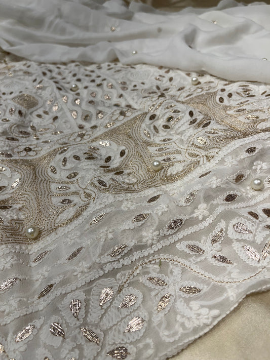 DYEABLE WHITE COLOUR GEORGETTE CHIKANKARI UNSTITCHED SUIT WITHOUT BOTTOM EMBELLISHED WITH GOTA PATTI & PEARL WORK