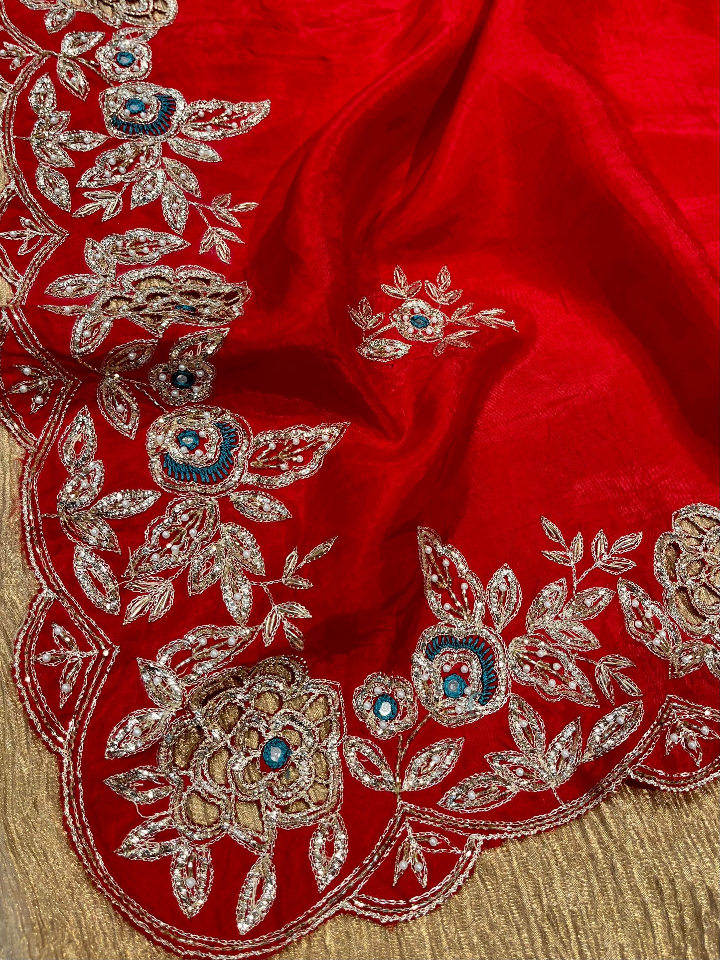 RED COLOUR DOLA SILK EMBROIDERED SAREE WITH CUTWORK BORDER
