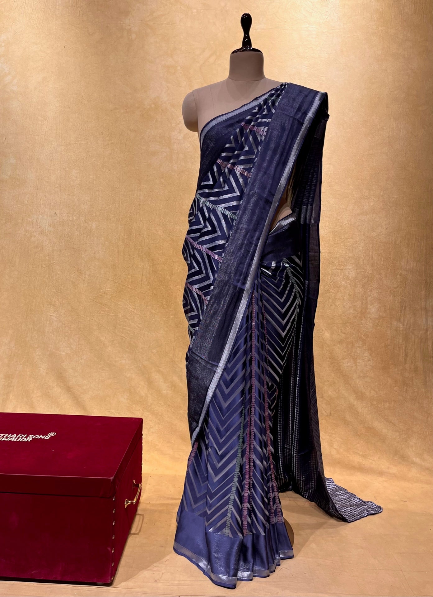 ( DELIVERY IN 25 DAYS ) BLUE COLOUR SATIN SILK SAREE EMBELLISHED WITH ZARI WEAVES