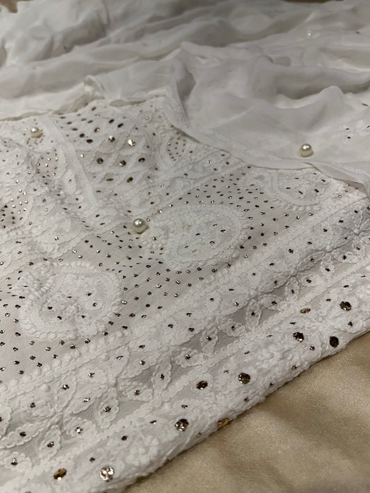DYEABLE WHITE COLOUR GEORGETTE CHIKANKARI UNSTITCHED SUIT WITHOUT BOTTOM