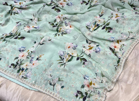 PASTEL GREEN COLOUR CHINON FLORAL PRINTED EMBROIDERED SAREE EMBELLISHED WITH PEARL & CUTDANA WORK