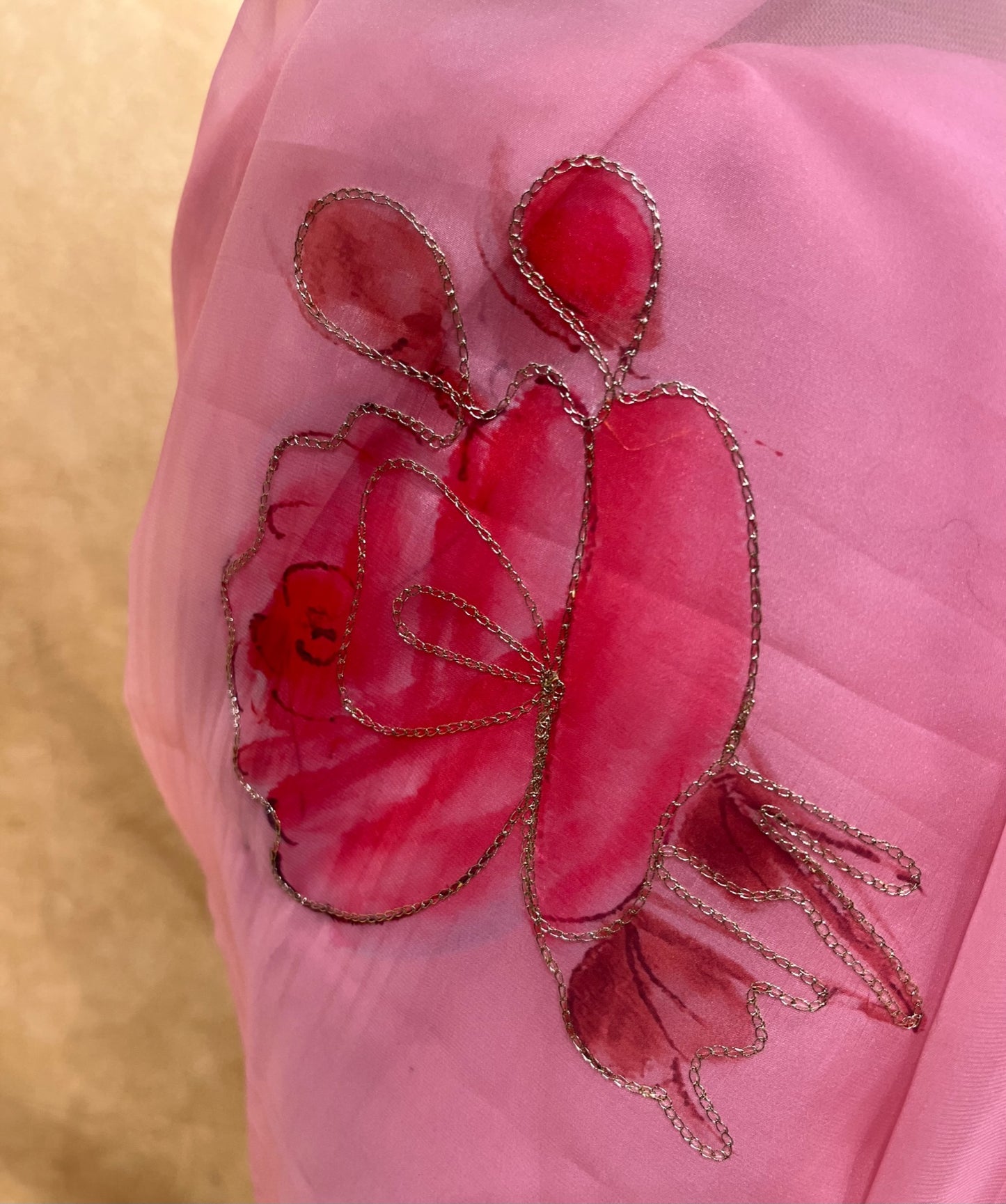 PINK COLOUR ORGANZA PRINTED SAREE EMBELLISHED WITH AARI WORK