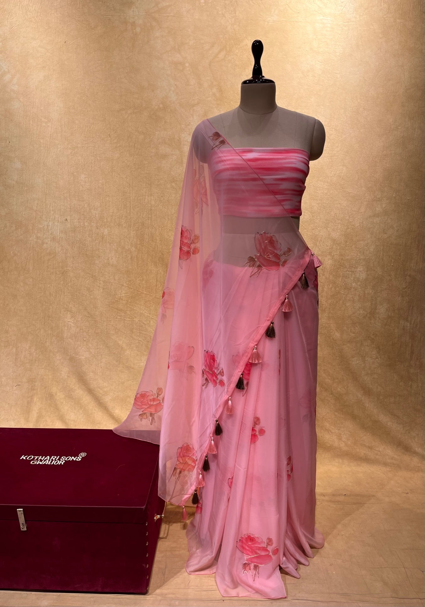 PINK COLOUR ORGANZA PRINTED SAREE EMBELLISHED WITH AARI WORK