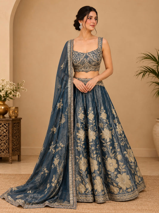 STEEL BLUE COLOUR GEORGETTE TISSUE BANARASI LEHENGA WITH EMBROIDERED CROP TOP EMBELLISHED WITH CUTDANA & SEQUINS WORK