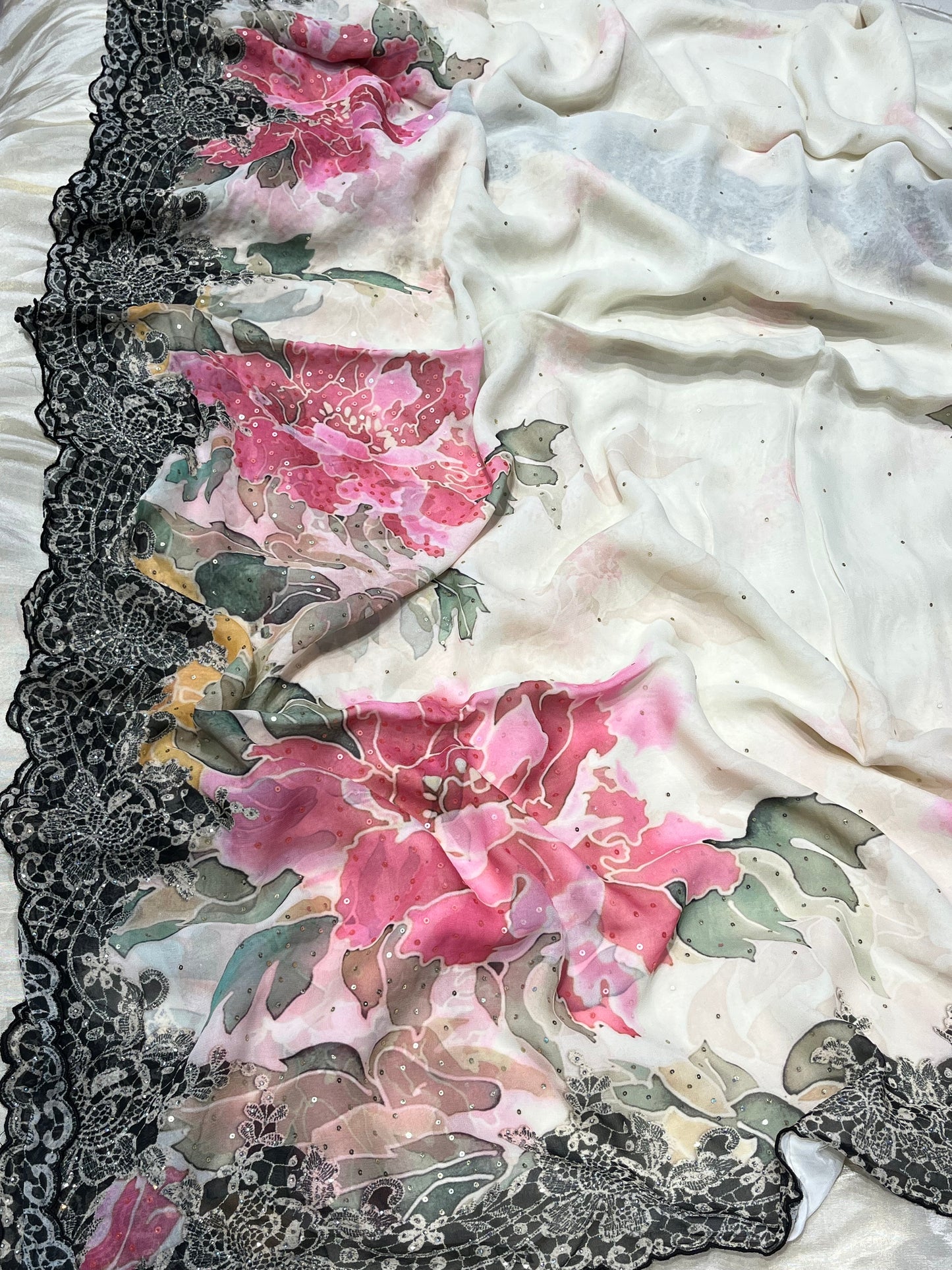WHITE COLOR PURE GEORGETTE FLORAL PRINTED EMBROIDERED SAREE EMBELLISHED WITH SEQUINS WORK