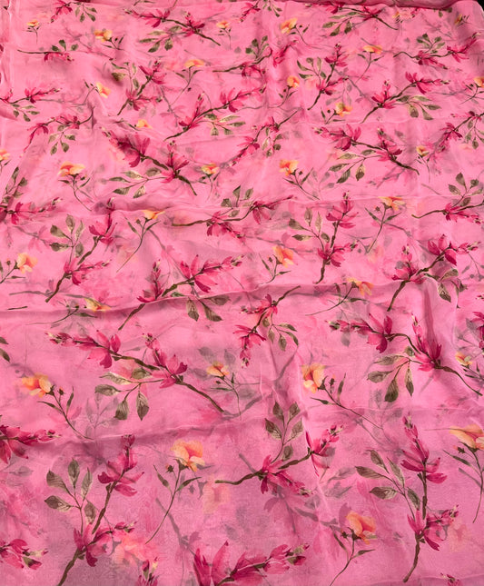 PINK COLOUR FLORAL PRINTED CHIFFON SAREE WITH CHINON BLOUSE - Kothari Sons