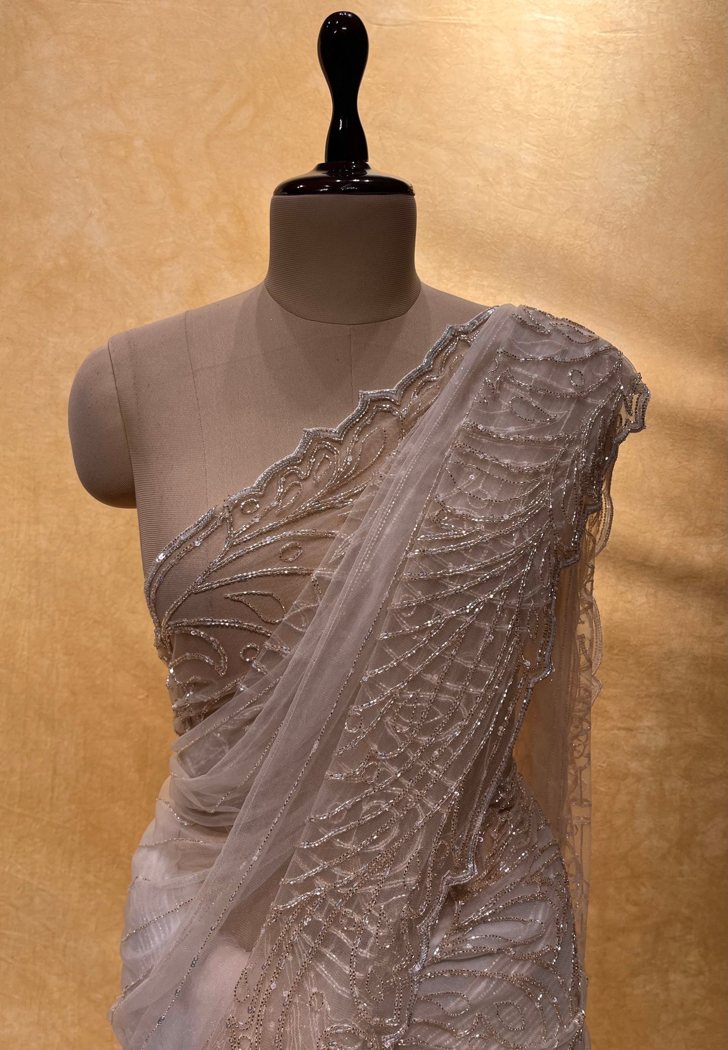 ( DELIVERY IN 25 DAYS ) Weddig Special: OFF WHITE COLOR NET HAND EMBROIDERED SAREE EMBELLISHED WITH CUTDANA & SEQUINS WORK