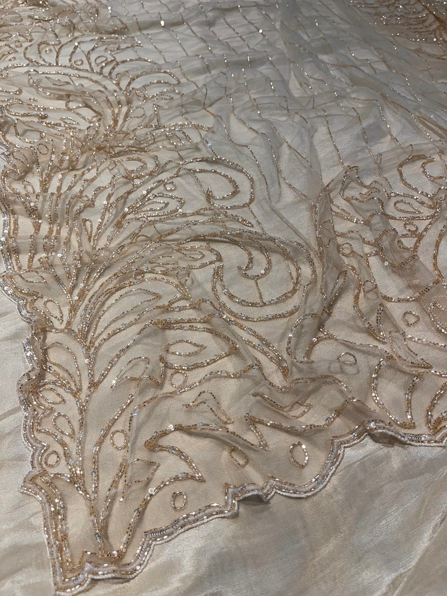 ( DELIVERY IN 25 DAYS ) Weddig Special: OFF WHITE COLOR NET HAND EMBROIDERED SAREE EMBELLISHED WITH CUTDANA & SEQUINS WORK