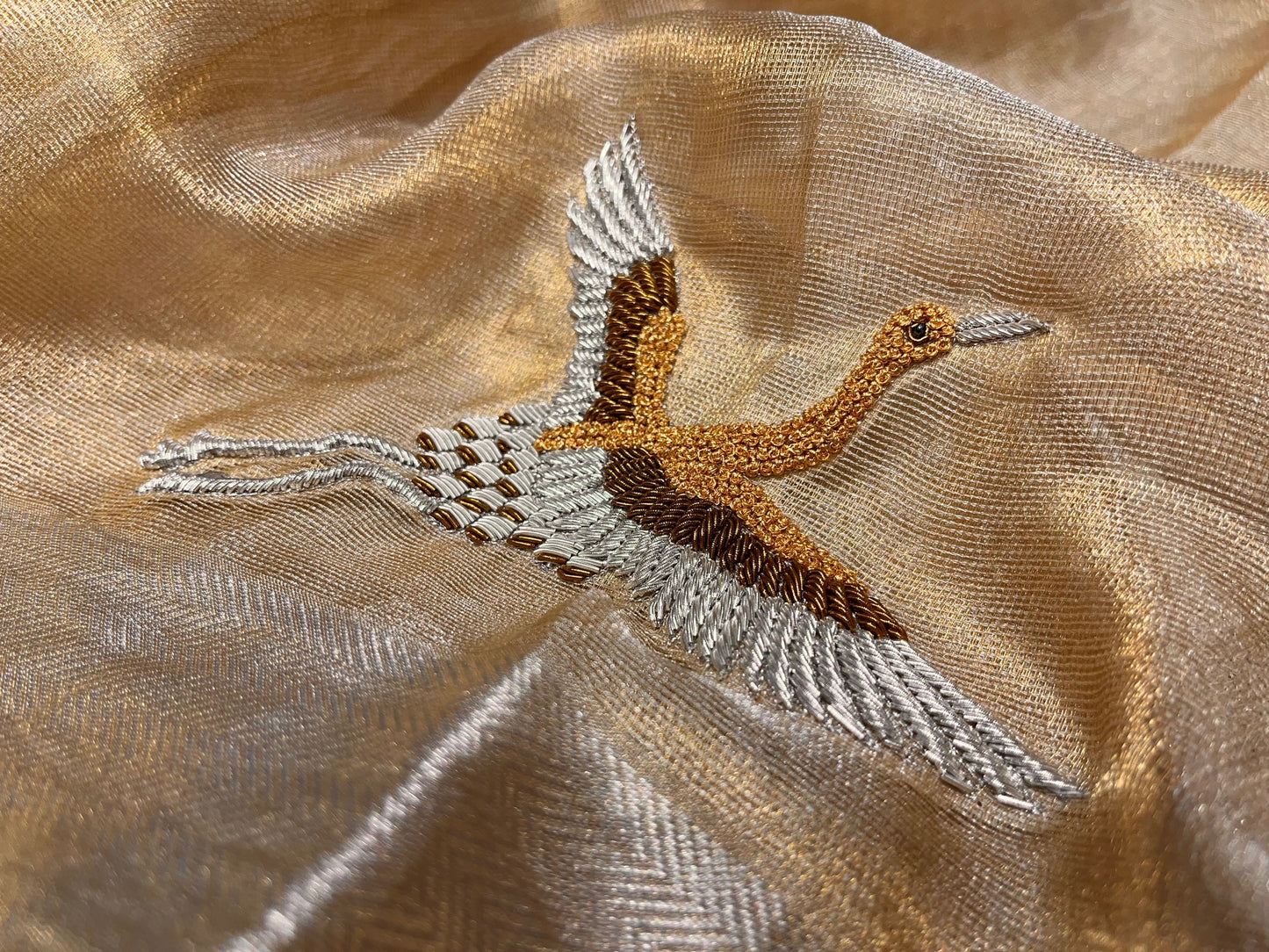 GOLDEN COLOUR MACLINO HAND EMBROIDERED SAREE EMBELLISHED WITH ZARDOSI WORK