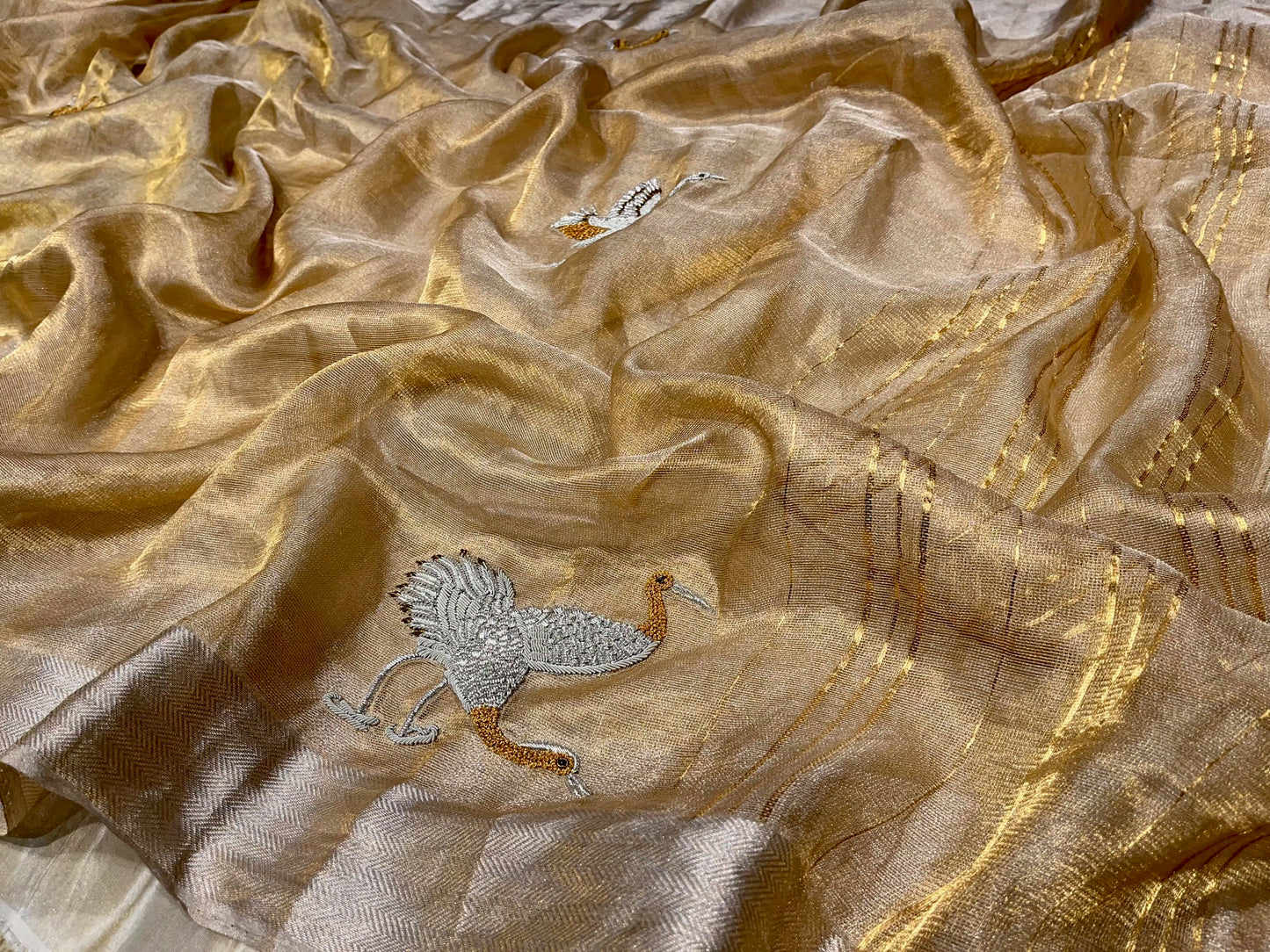GOLDEN COLOUR MACLINO HAND EMBROIDERED SAREE EMBELLISHED WITH ZARDOSI WORK