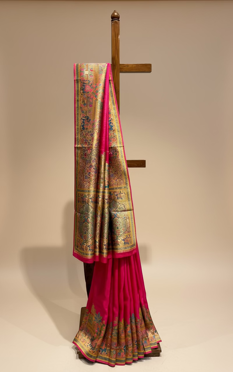 RANI COLOUR WOVEN PICHWAI ART PLANT-BASED SILK SAREE WITH RICH ZARI WORK IN BORDER, PALLA AND BLOUSE