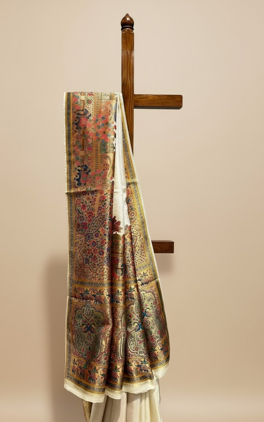 IVORY COLOUR WOVEN PICHWAI ART PLANT-BASED SILK SAREE WITH RICH ZARI WORK IN BORDER, PALLA AND BLOUSE