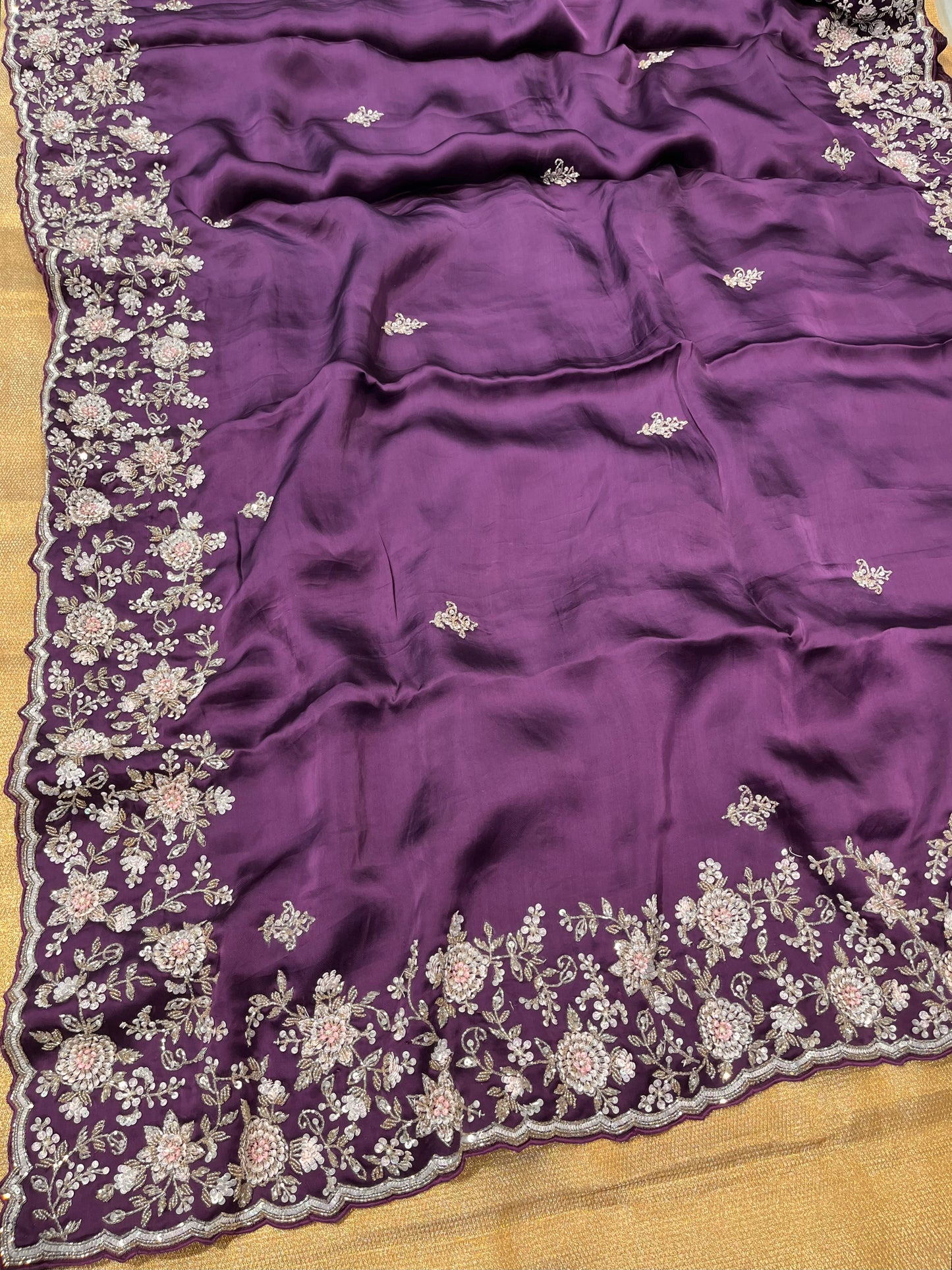 PURPLE COLOUR SATIN SILK EMBROIDERED SAREE EMBELLISHED WITH CUTDANA & SEQUINS WORK