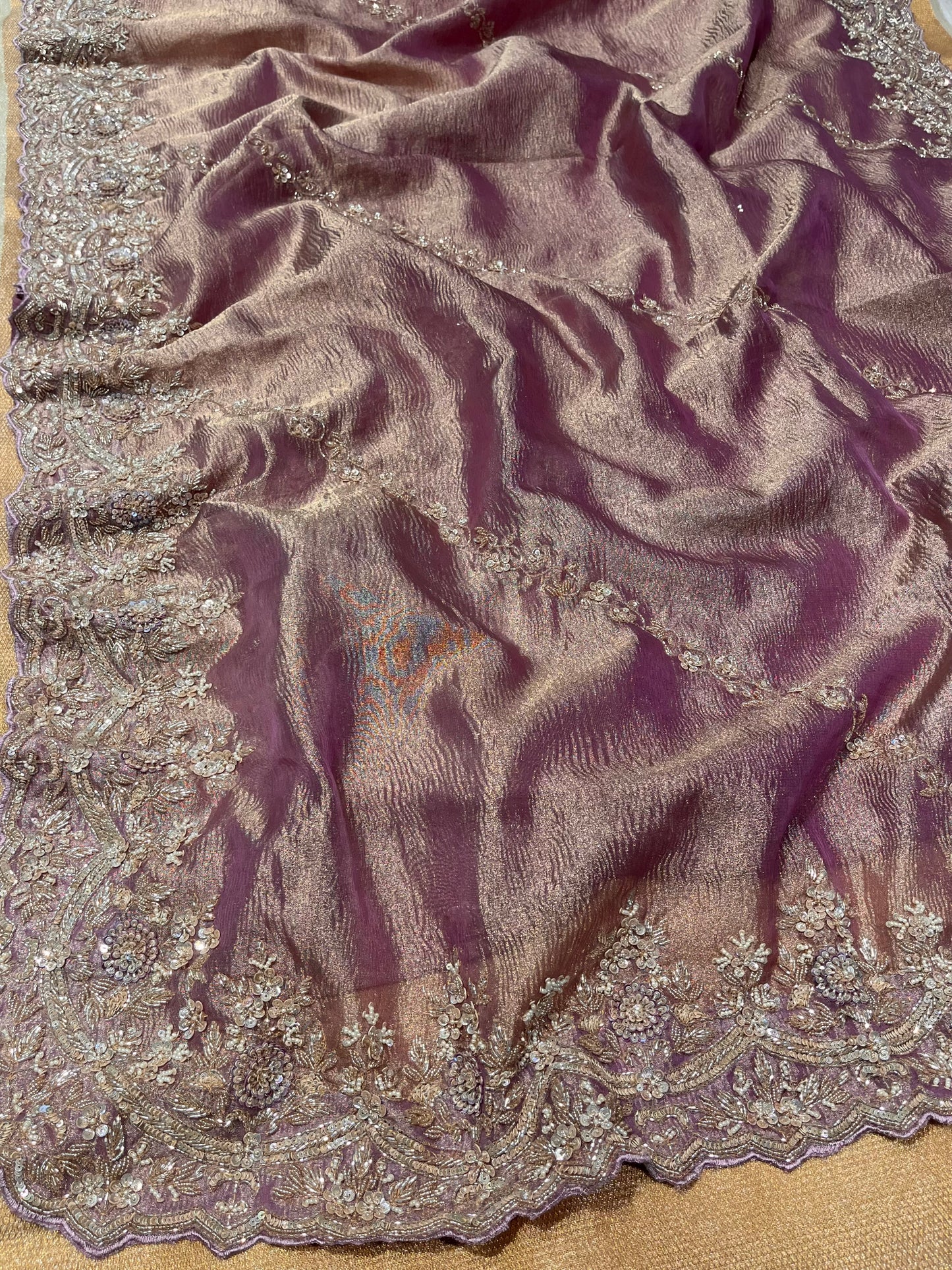 ( DELIVERY IN 20-25 DAYS ) PURPLE COLOUR CRUSHED TISSUE EMBROIDERED SAREE EMBELLISHED WITH CUTDANA & SEQUINS WORK