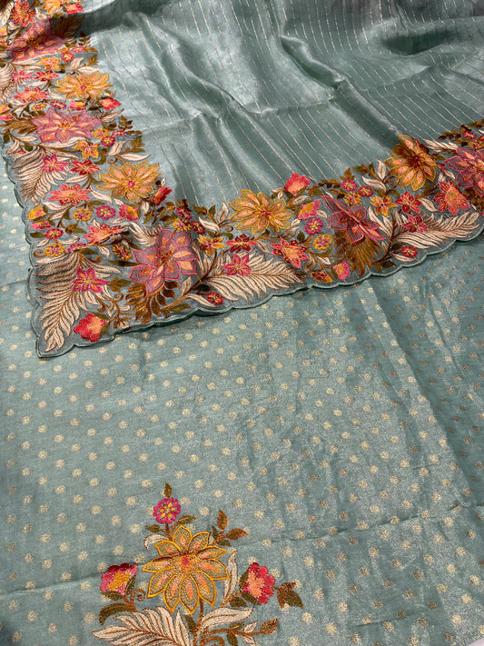 SEA GREEN COLOUR TISSUE ZARI STRIPED EMBROIDERED SAREE WITH BROCADE BLOUSE EMBELLISHED WITH RESHAM WORK - Kothari Sons