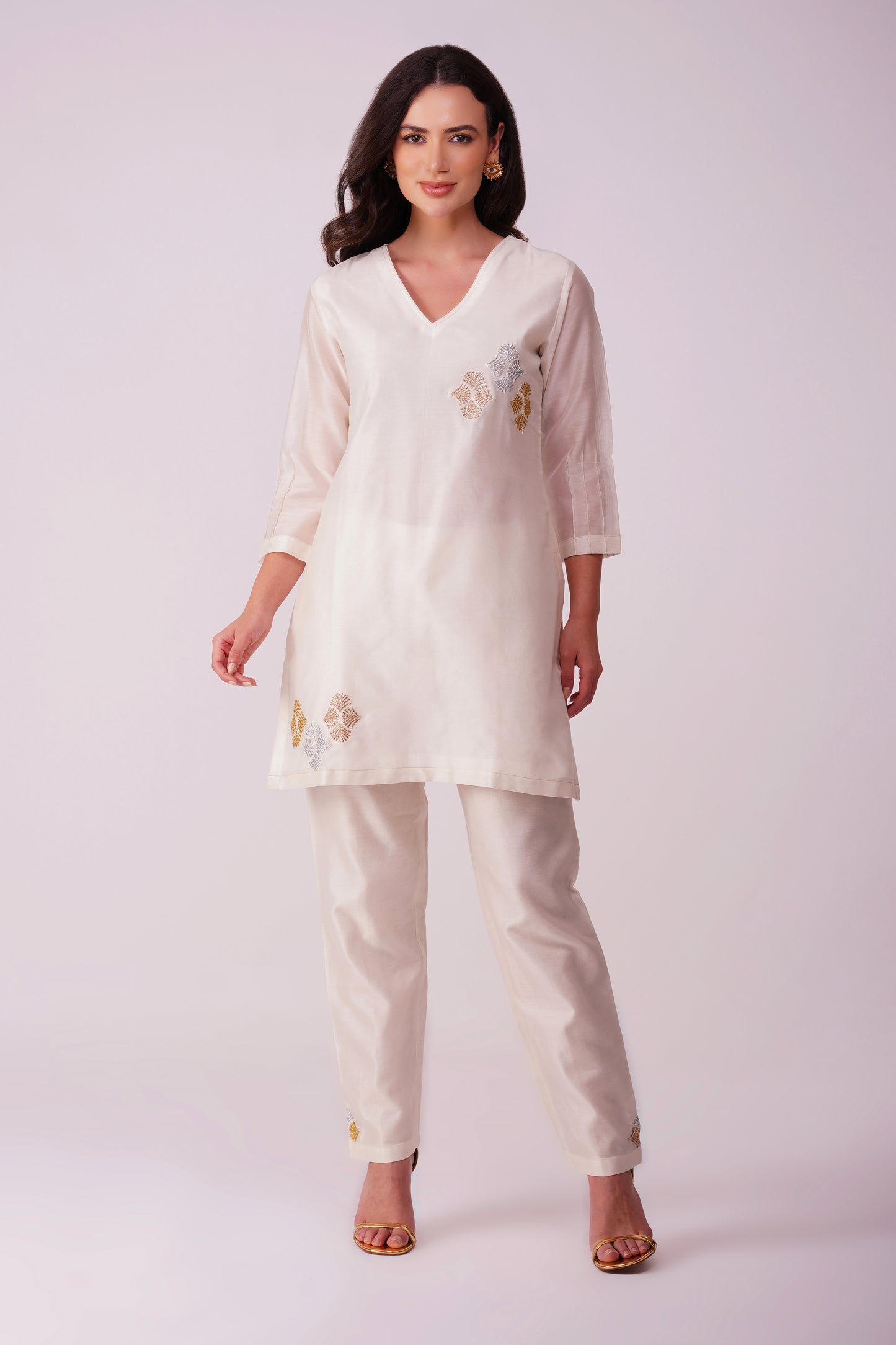 ( DELIVERY IN 25-30 DAYS ) WHITE COLOUR CHANDERI SILK CO-ORDS SET EMBELLISHED WITH ZARI EMBROIDERY BY SIDDHAIKA