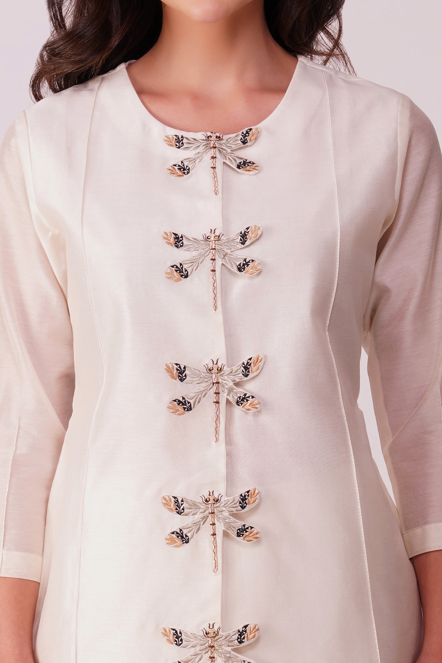 ( DELIVERY IN 25-30 DAYS ) WHITE COLOUR CHANDERI SILK CO-ORDS SET EMBELLISHED WITH RESHAM EMBROIDERY BY SIDDHAIKA
