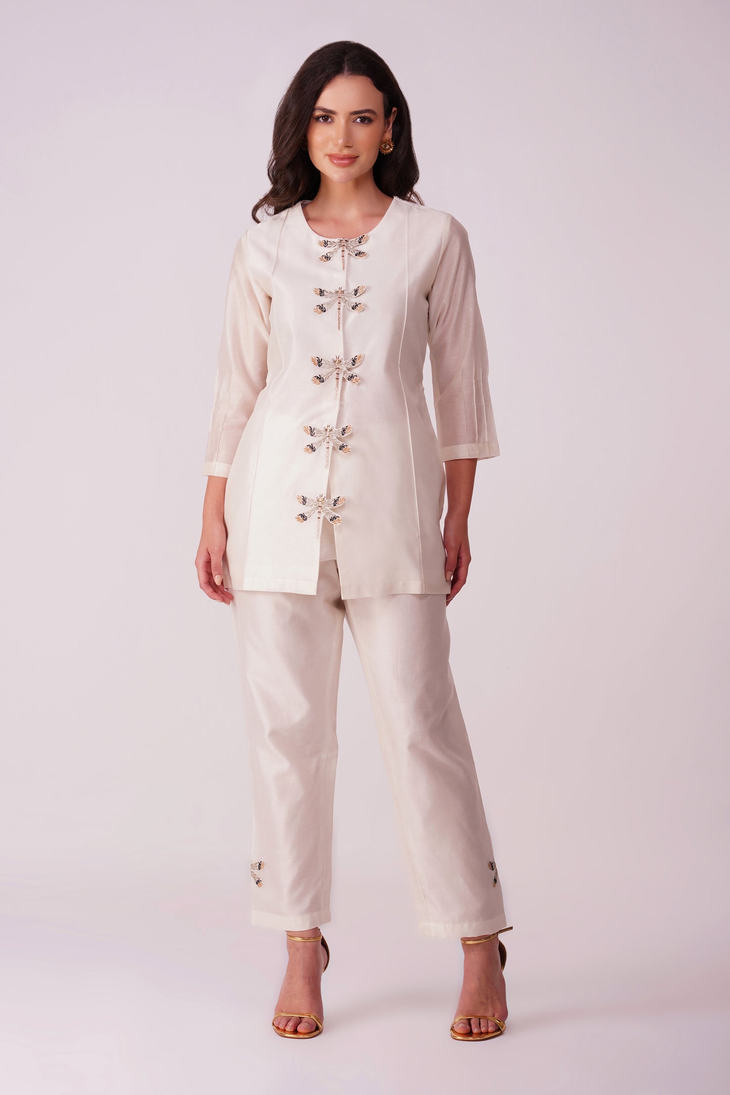 ( DELIVERY IN 25-30 DAYS ) WHITE COLOUR CHANDERI SILK CO-ORDS SET EMBELLISHED WITH RESHAM EMBROIDERY BY SIDDHAIKA