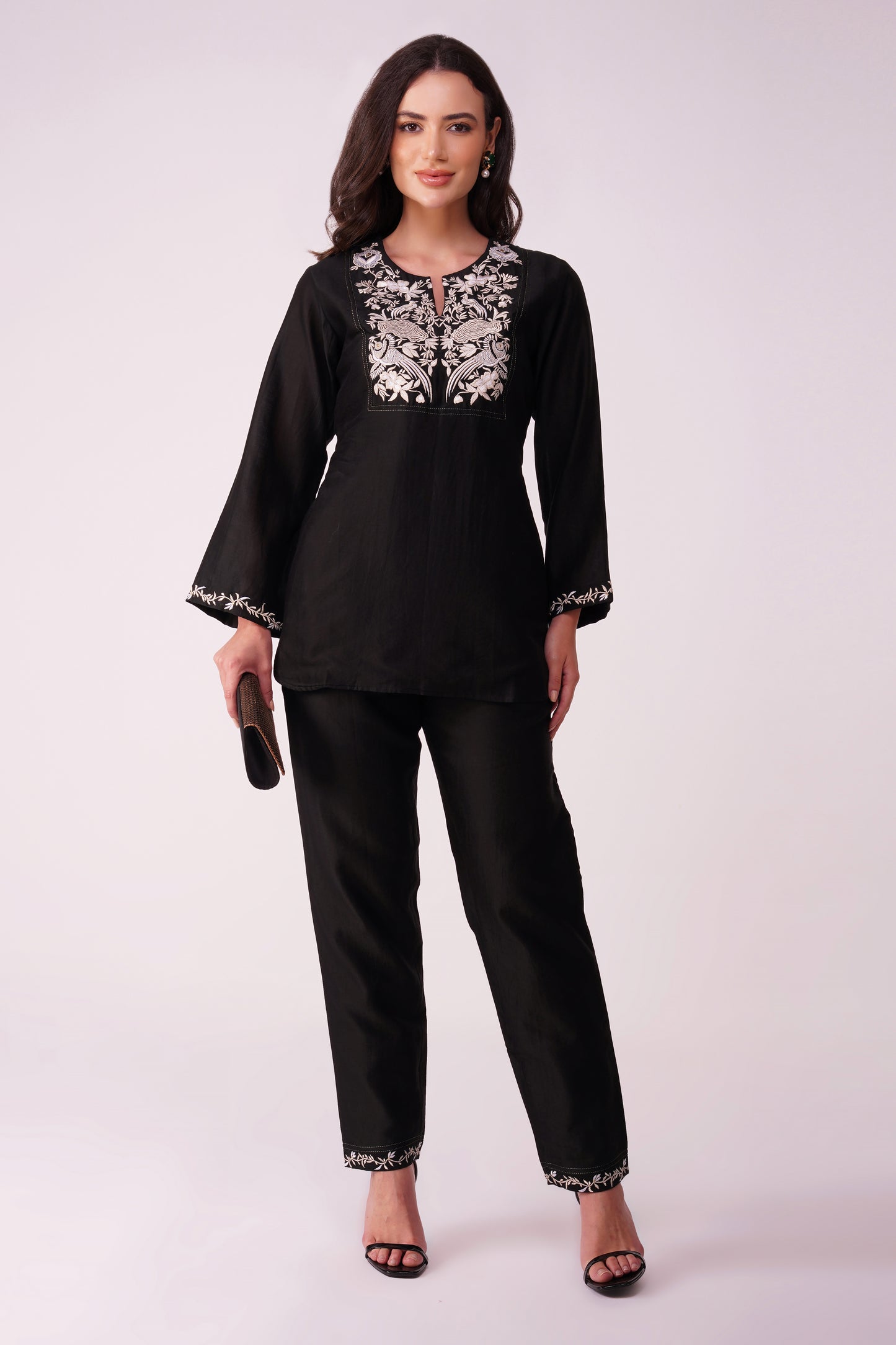 ( DELIVERY IN 25-30 DAYS ) BLACK COLOUR CHANDERI SILK PARSI CO-ORDS SET BY SIDDHAIKA
