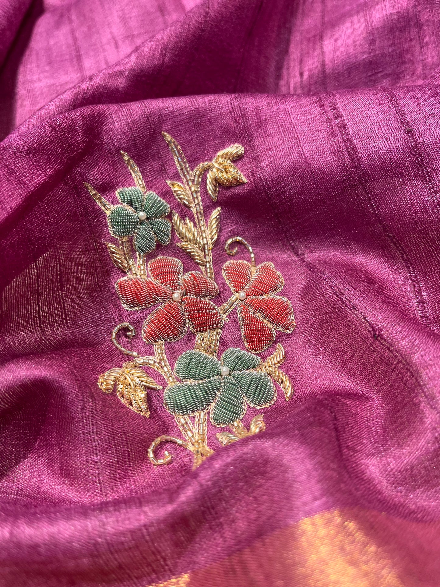 PURPLE COLOUR TUSSAR SILK HAND EMBROIDERED SAREE EMBELLISHED WITH CUTDANA & ZARDOZI WORK