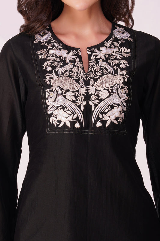 ( DELIVERY IN 25-30 DAYS ) BLACK COLOUR CHANDERI SILK PARSI CO-ORDS SET BY SIDDHAIKA