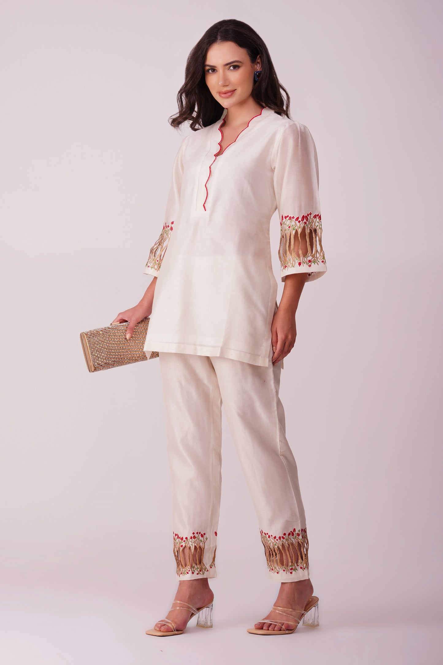( DELIVERY IN 25-30 DAYS ) WHITE COLOUR CHANDERI SILK CO-ORDS SET BY SIDDHAIKA
