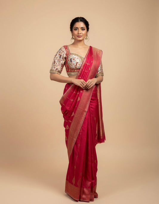 RANI COLOUR PLANT-BASED SILK SAREE WITH WOVEN ZARI BORDER, BOOTIES, PALLA & KASHMIRI KANI READYMADE BLOUSE