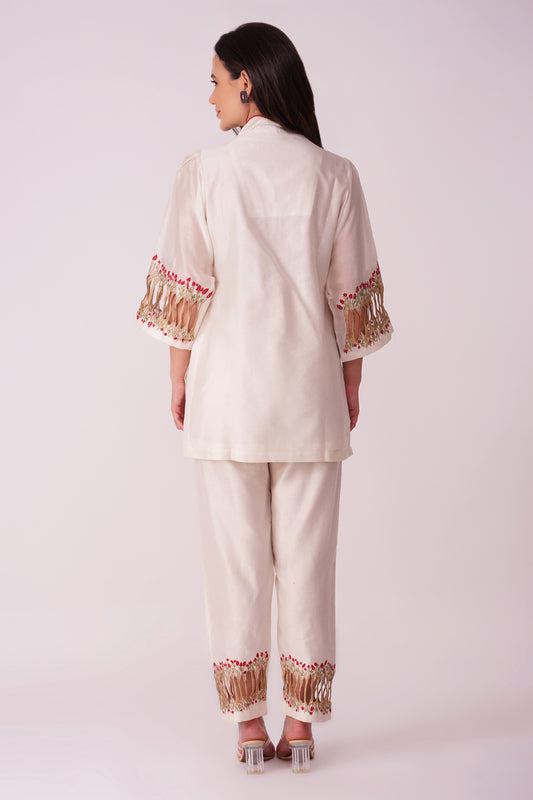 ( DELIVERY IN 25-30 DAYS ) WHITE COLOUR CHANDERI SILK CO-ORDS SET BY SIDDHAIKA