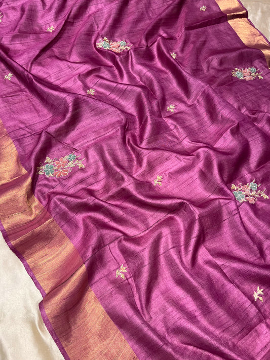 PURPLE COLOUR TUSSAR SILK HAND EMBROIDERED SAREE EMBELLISHED WITH CUTDANA & ZARDOZI WORK