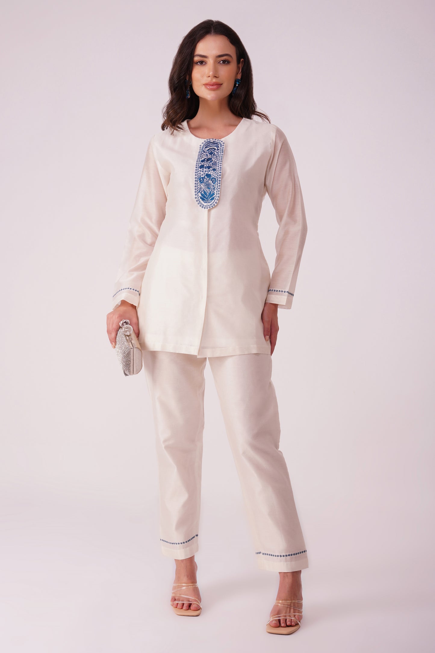 ( DELIVERY IN 25-30 DAYS ) WHITE COLOUR CHANDERI SILK CO-ORDS SET BY SIDDHAIKA