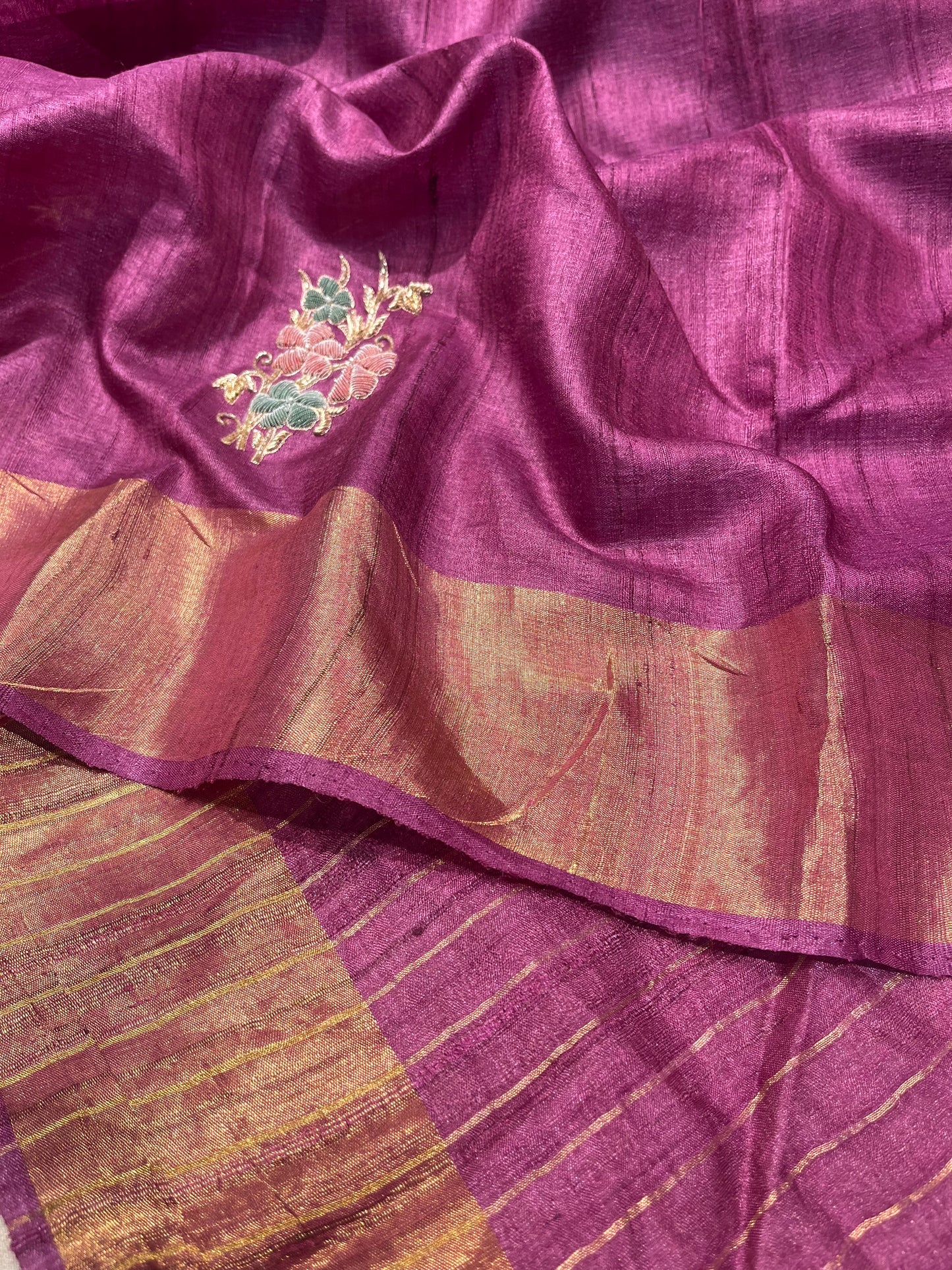 PURPLE COLOUR TUSSAR SILK HAND EMBROIDERED SAREE EMBELLISHED WITH CUTDANA & ZARDOZI WORK