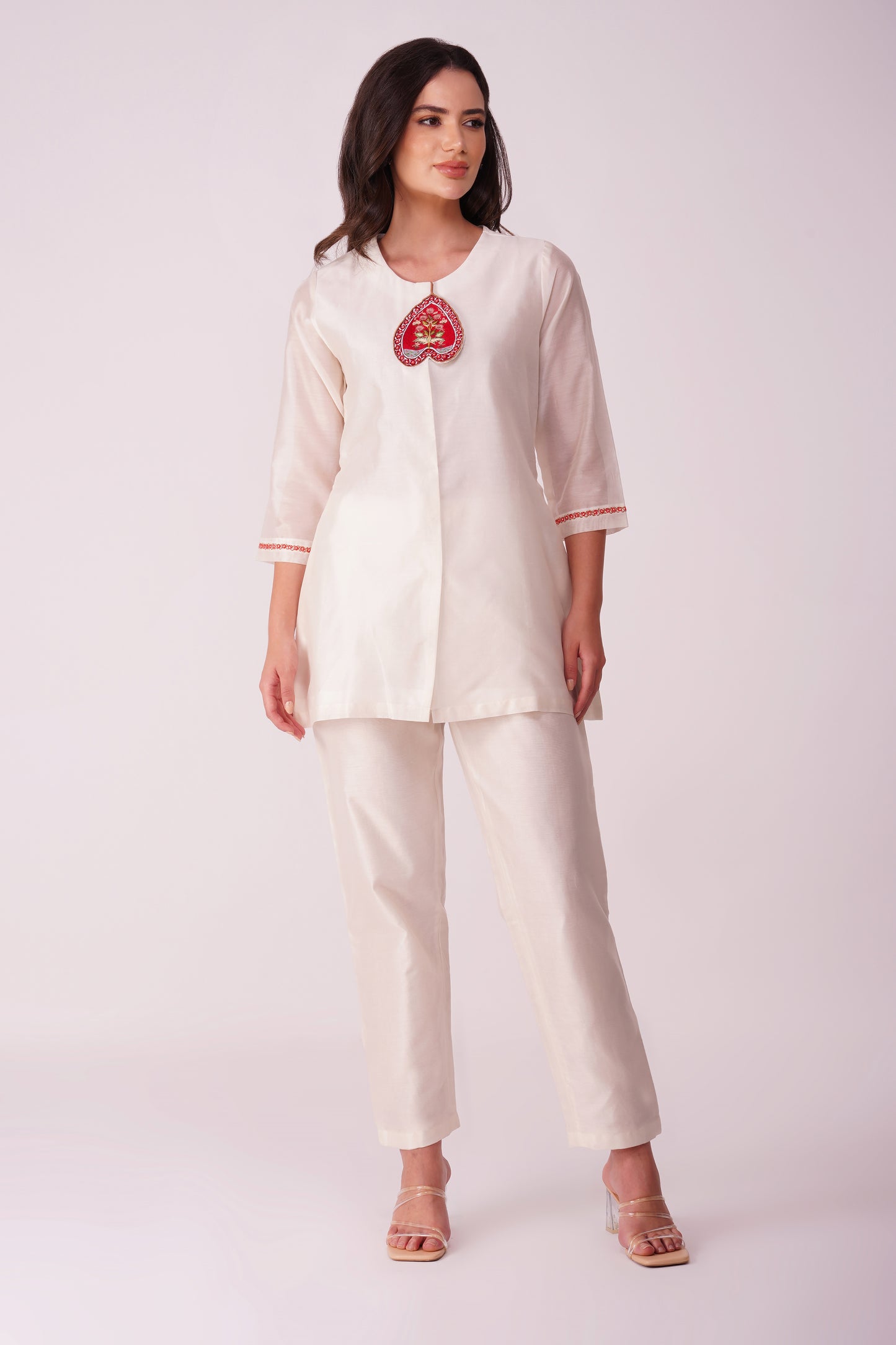 ( DELIVERY IN 25-30 DAYS ) WHITE COLOUR CHANDERI SILK CO-ORDS SET BY SIDDHAIKA