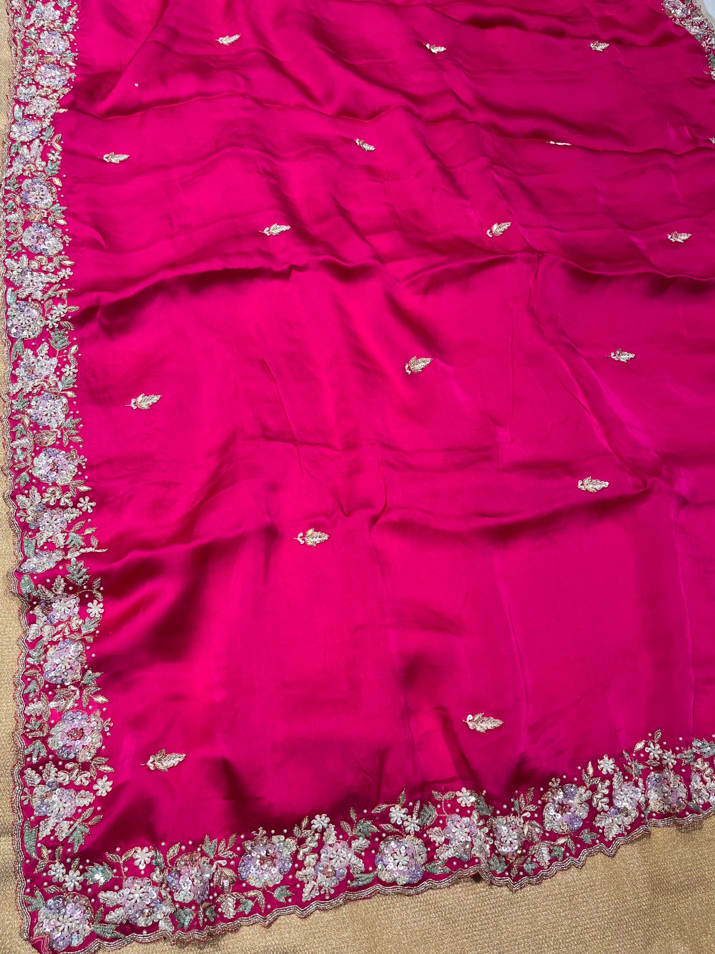 RANI COLOUR SATIN SILK EMBROIDERED SAREE EMBELLISHED WITH CUTDANA, SEQUINS & BEAD WORK
