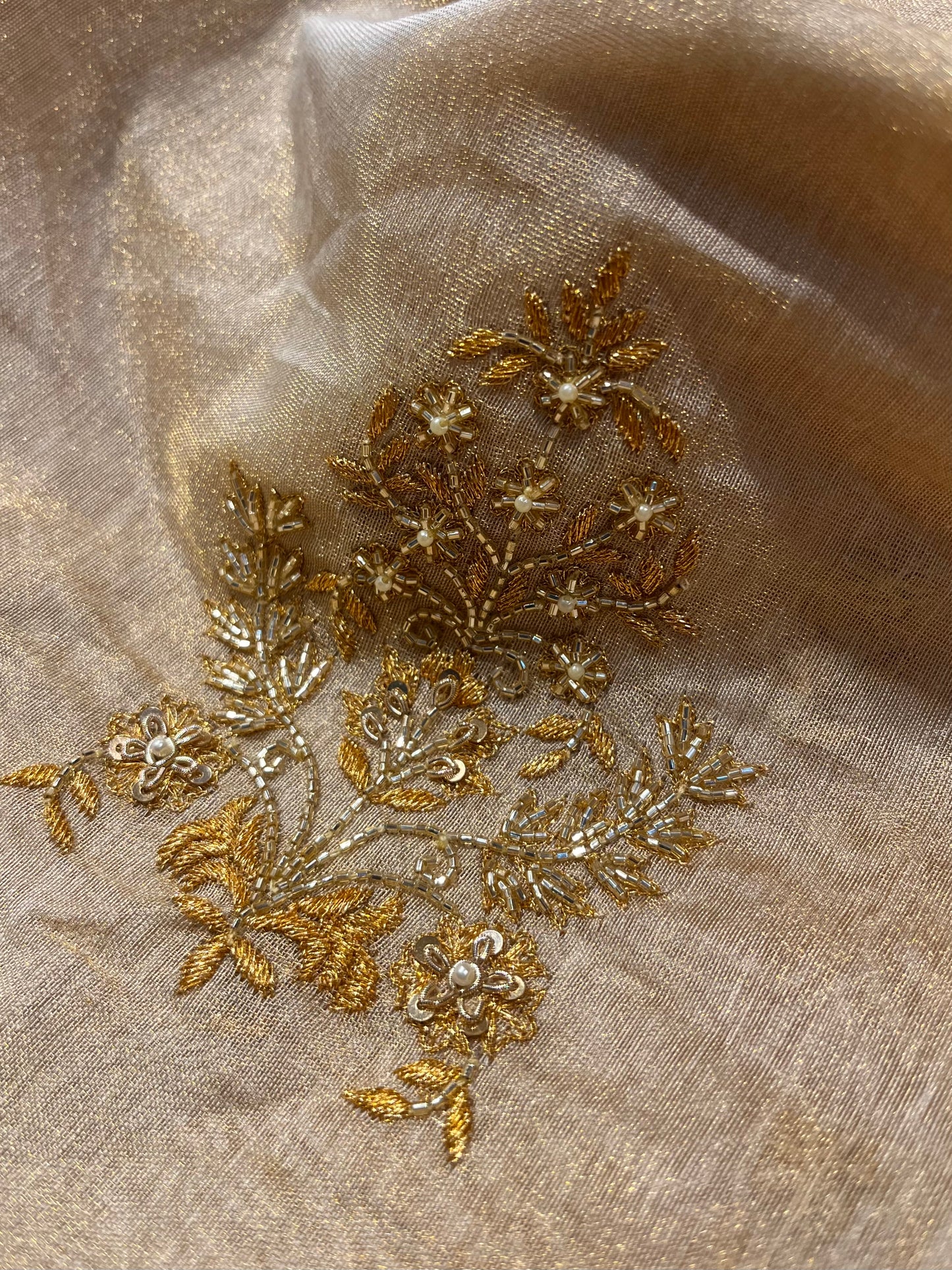 GOLDEN COLOUR TISSUE HAND EMBROIDERED SAREE EMBELLISHED WITH CUTDANA & ZARI WORK