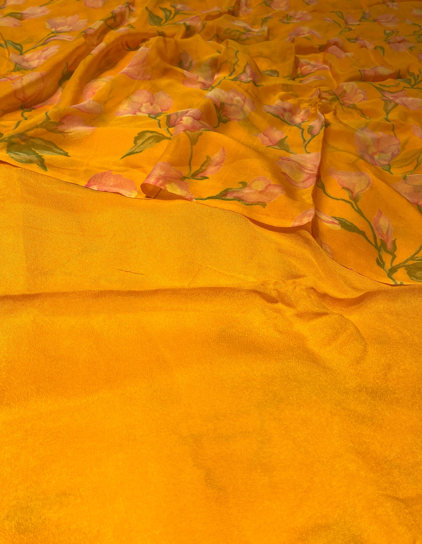 MUSTARD COLOUR PRINTED CHIFFON SAREE (30gm) ( DELIVERY IN 15-20 DAYS ) - Kothari Sons