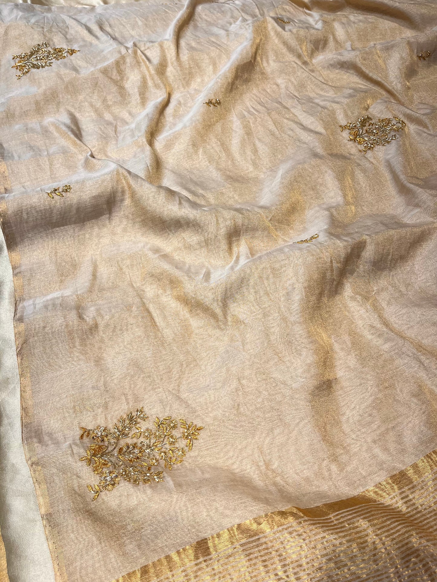GOLDEN COLOUR TISSUE HAND EMBROIDERED SAREE EMBELLISHED WITH CUTDANA & ZARI WORK