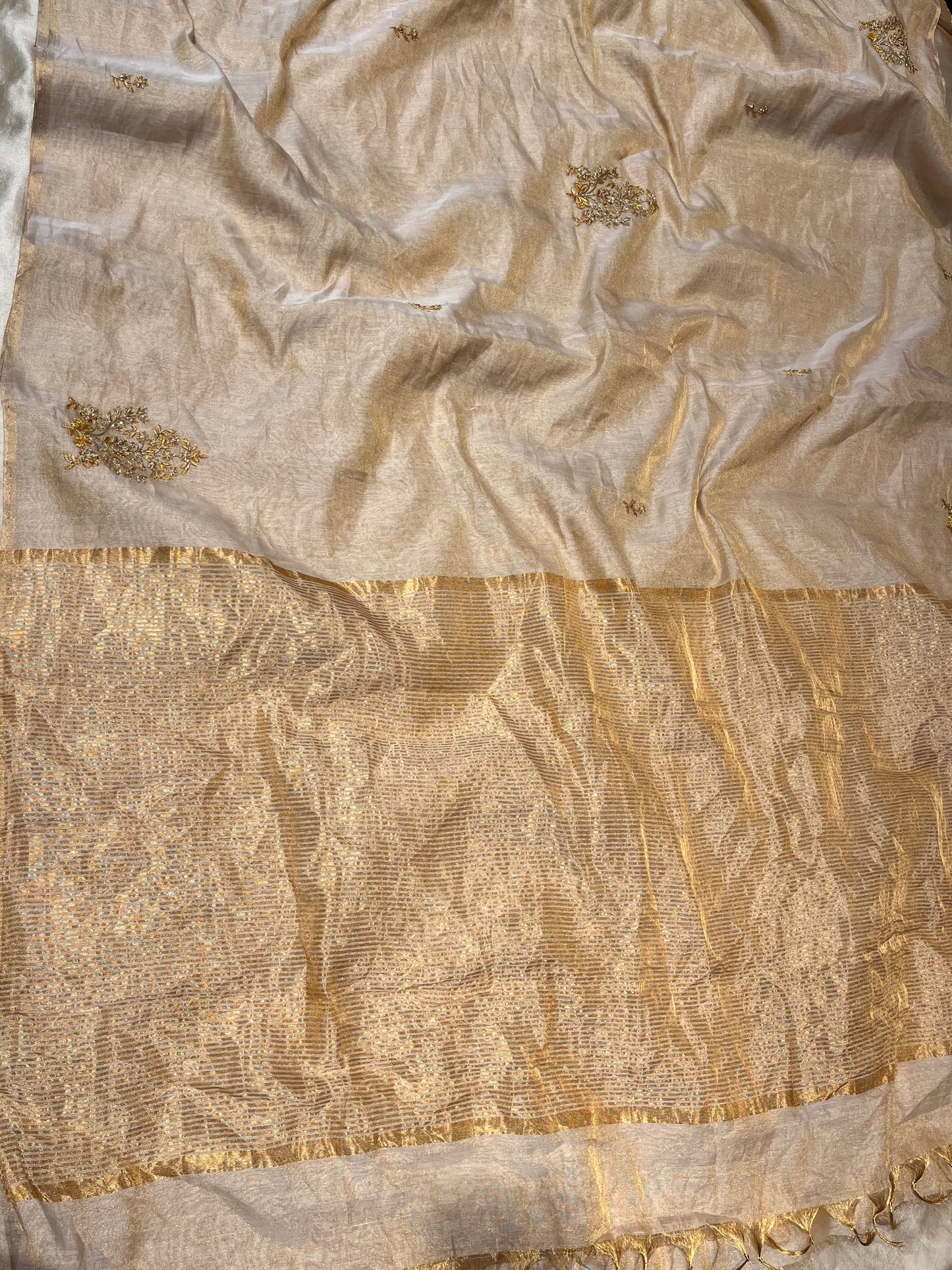 GOLDEN COLOUR TISSUE HAND EMBROIDERED SAREE EMBELLISHED WITH CUTDANA & ZARI WORK