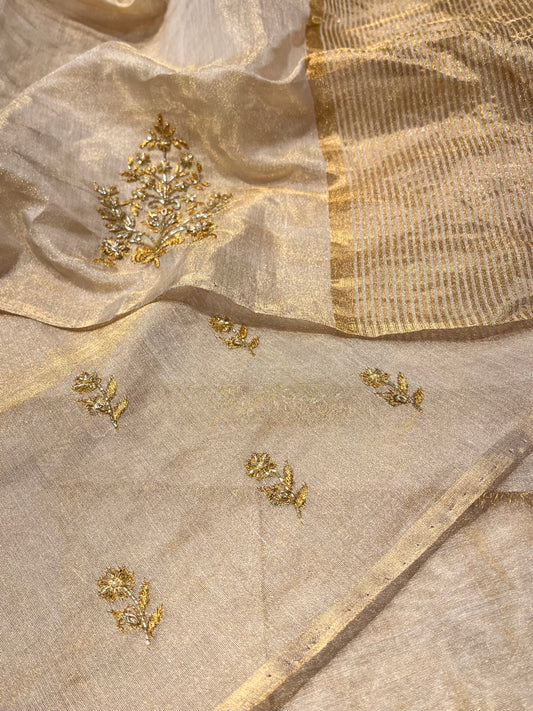 GOLDEN COLOUR TISSUE HAND EMBROIDERED SAREE EMBELLISHED WITH CUTDANA & ZARI WORK