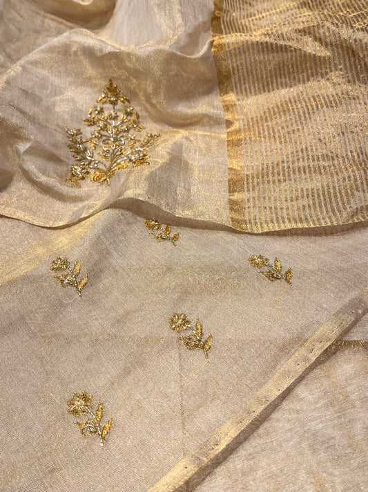 GOLDEN COLOUR TISSUE HAND EMBROIDERED SAREE EMBELLISHED WITH CUTDANA & ZARI WORK