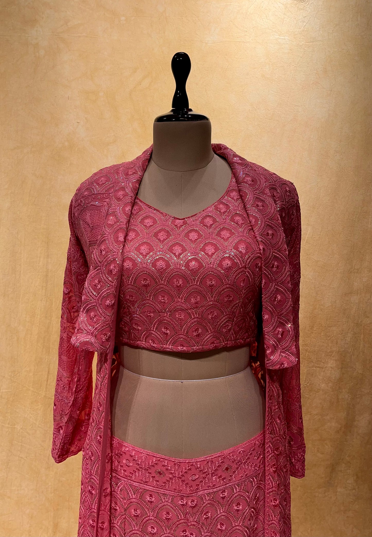 WEDDING SPECIAL GAJARI COLOR GEORGETTE CHIKENKARI INDOWESTERN EMBROIDERED DRESS PALAZZO PANT WITH CROP TOP BLOUSE & SHRUG