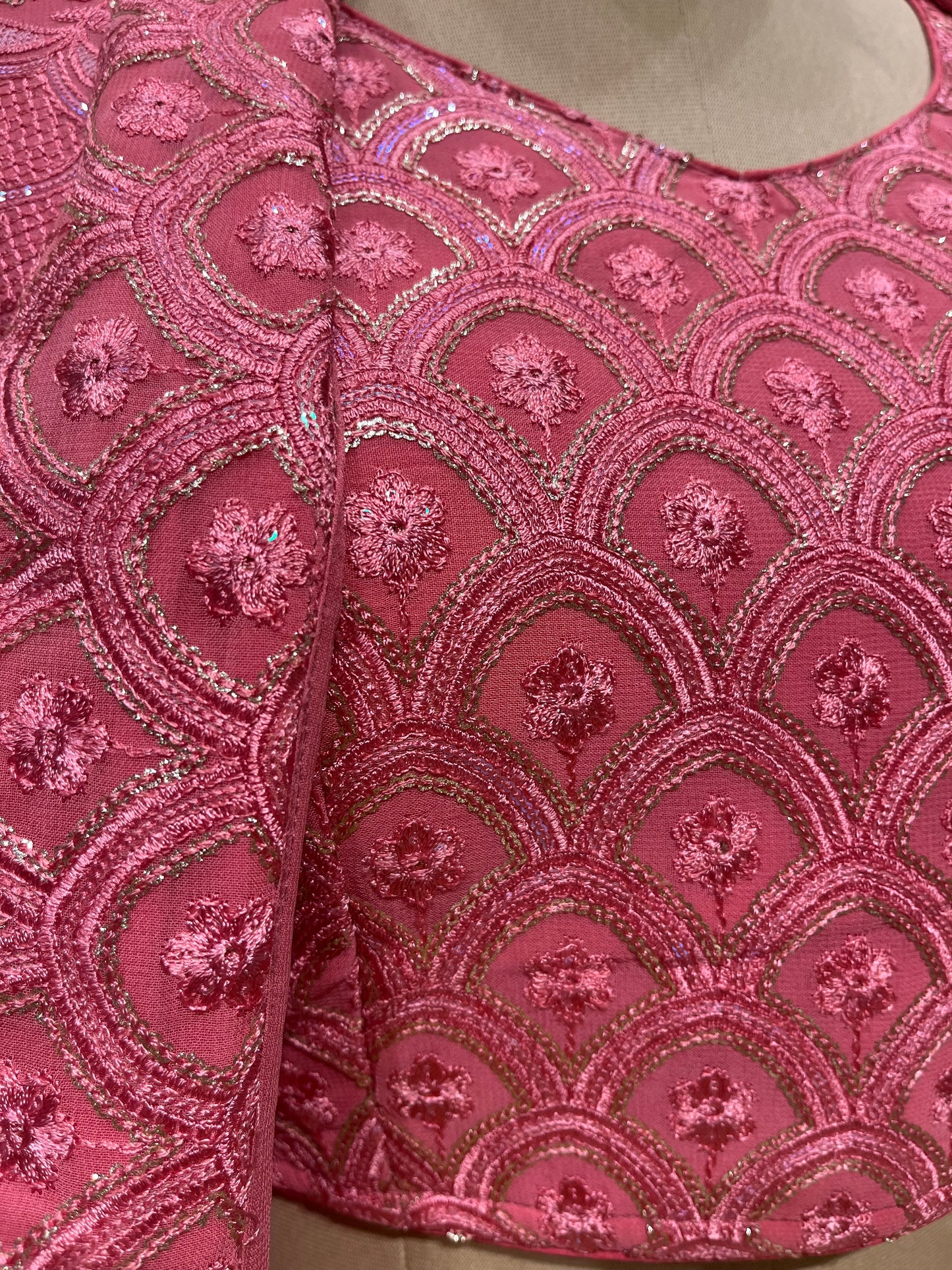 WEDDING SPECIAL GAJARI COLOR GEORGETTE CHIKENKARI INDOWESTERN EMBROIDERED DRESS PALAZZO PANT WITH CROP TOP BLOUSE & SHRUG