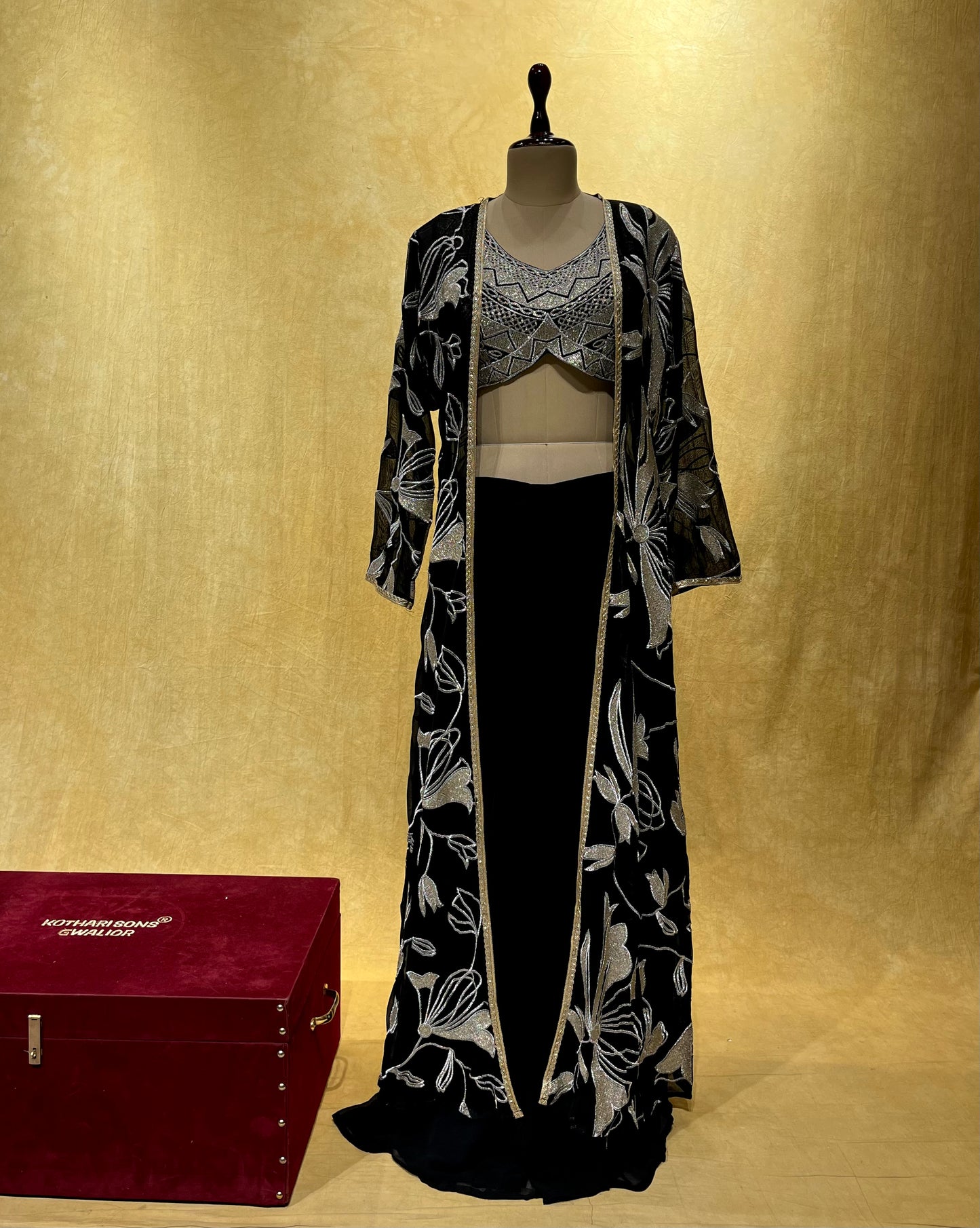 BLACK COLOR GEORGETTE INDOWESTERN DRESS EMBELLISHED WITH ZARI & SEQUINS WORK